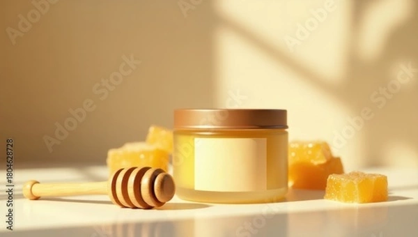 Obraz Honey jar with blank label and wooden dipper alongside honeycomb candy on a sunlit table