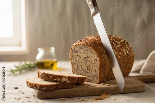 Fototapeta Homemade whole grain bread loaf being sliced on a wooden board with a sharp knife.