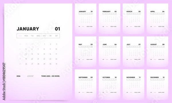 Fototapeta Calendar 2026. Motto  Calendar Think Less Do More  2026 Gradient Purple Minimal Wall Planner, Sunday Start.
