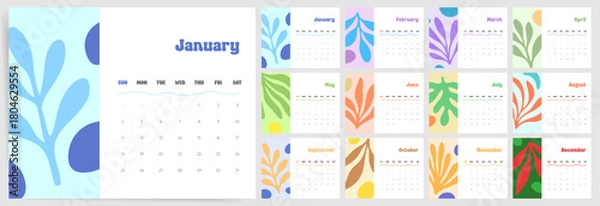 Obraz 2026 Calendar Template. Colorful abstract leaves 2026 calendar layout. Floral style wall diary planner calendar with botanical shapes and Sunday start.