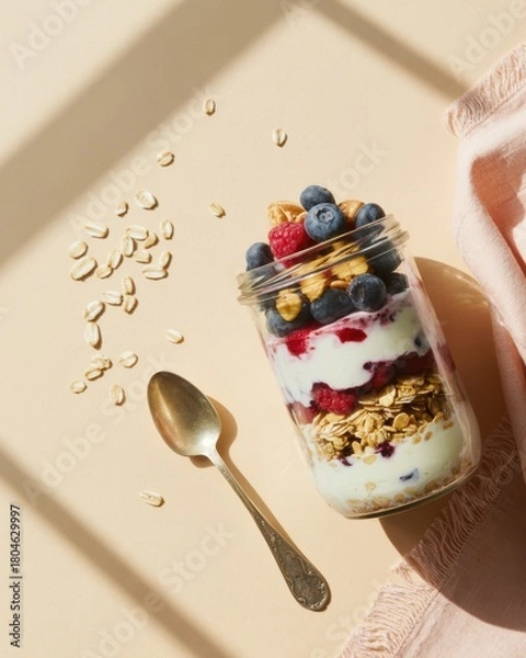 Fototapeta Layered yogurt parfait with fresh berries and granola in a glass jar for a healthy breakfast