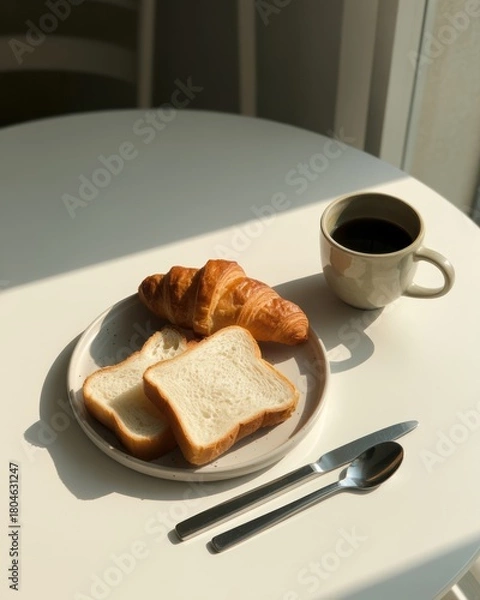 Fototapeta Morning breakfast with a croissant, two slices of bread, and a cup of coffee on a white table
