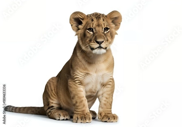 Fototapeta Adorable lion cub sitting calmly on white background, perfect for wildlife projects and educational materials