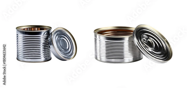 Fototapeta Two opened silver metal cans with lids studio shot on transparent background