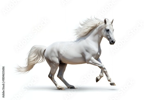 Fototapeta Elegant white horse galloping freely across a pristine white background, perfect for adding grace and beauty to your project