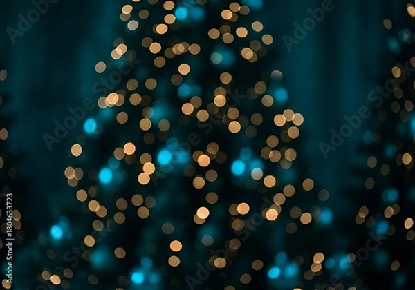 Fototapeta Abstract Christmas tree bokeh lights with festive gold and teal illumination, perfect for holiday greetings and seasonal backgrounds