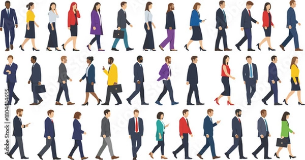 Obraz Large set of walking business people, diverse men and women commuters side view, cad drawing flat vector illustration collection