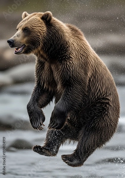 Fototapeta Dynamic grizzly bear leaping through water, showcasing power and agility, capturing a moment of wild nature's raw beauty