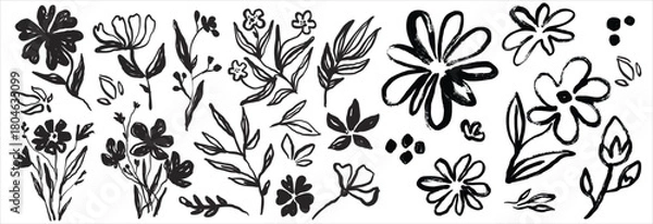 Fototapeta Hand drawn abstract floral doodles vector set. Vector simple flower, leaf ink stroke. Vector illustration