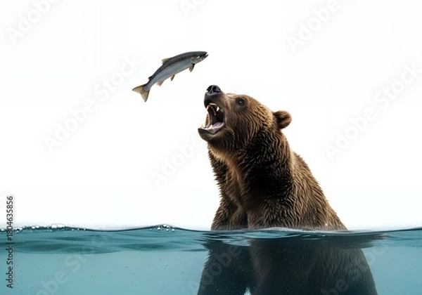 Fototapeta Majestic grizzly bear hunting salmon in wild river, a powerful display of nature's raw beauty perfect for wildlife documentaries and conservation campaigns
