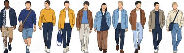 Obraz Set of trendy young men walking forward in casual streetwear, diverse male group front view collection, cad drawing flat vector illustration