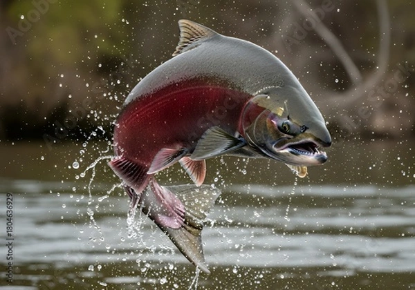 Fototapeta Majestic salmon leaps from the water in a vibrant display of power and determination, perfect for nature documentaries or outdoor adventure campaigns