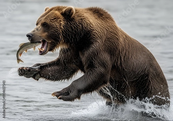 Fototapeta Powerful brown bear leaping from the river, catching fresh fish for dinner in Alaska, showcasing raw nature and animal instinct in the wild