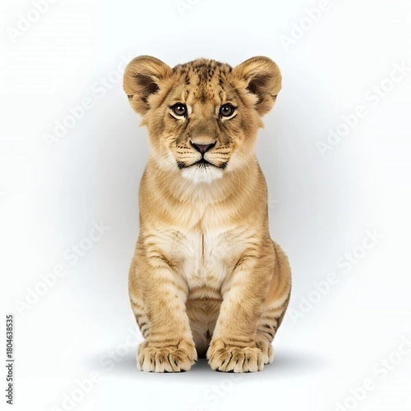 Fototapeta Adorable lion cub portrait in bright studio setting, captivating and charming animal imagery, perfect for children's books or wildlife conservation campaigns