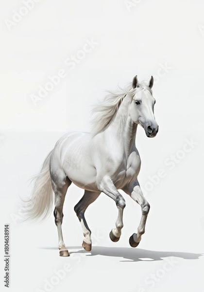 Fototapeta Elegant white Arabian horse gallops gracefully across a pristine background, conveying freedom and power, perfect for equestrian lifestyle or branding.