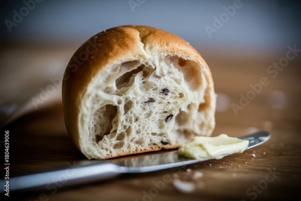 Fototapeta Rustic bread roll half with buttered knife on a wooden surface ready to eat
