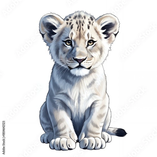 Fototapeta Adorable white lion cub with striking yellow eyes sits patiently, radiating innocence and wild majesty, perfect for captivating nature stories and designs.