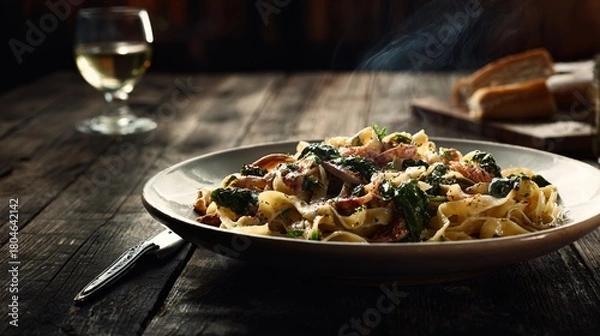 Fototapeta A warm pasta dish on reclaimed wood table, dim moody atmosphere