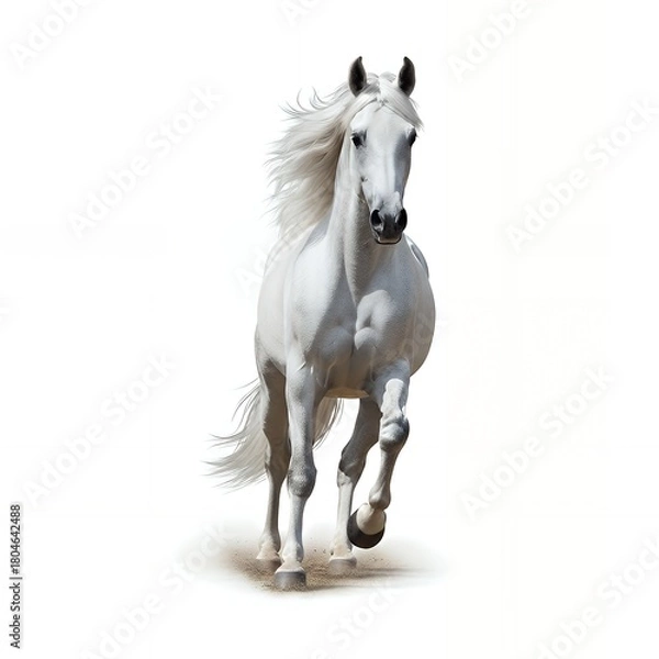 Fototapeta Majestic white stallion gallops powerfully with flowing mane against a clean white backdrop, embodying grace and freedom.