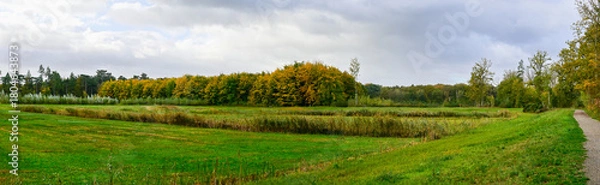 Fototapeta Serene landscape with lush green fields and colorful autumn trees under cloudy sky in a peaceful setting