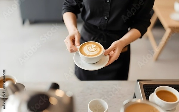 Fototapeta Barista presents latte art coffee in white cup, cafe setting, overhead view