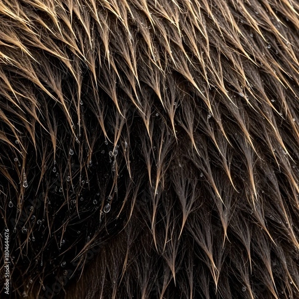 Fototapeta Close up texture of wet brown fur with water droplets clinging, showcasing natural detail and organic pattern for wildlife or textile design inspiration