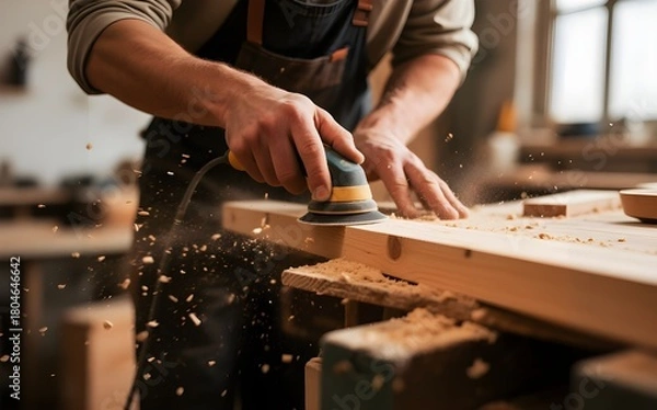 Obraz Close-up of a Carpenter Sanding Wood, Creating Fine Dust Particles in Workshop