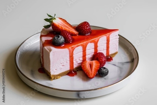 Obraz Slice of strawberry cheesecake with fresh berries and red glaze on white plate