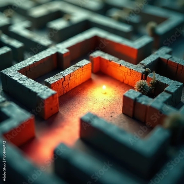 Fototapeta Close-up intricate maze model, spotlight on central path, solving, journey, choice