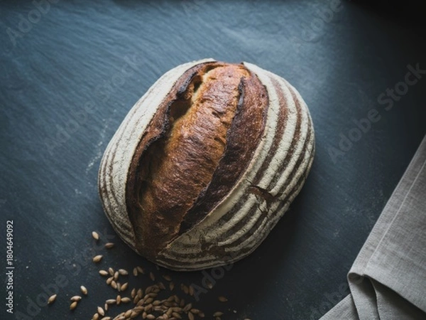 Obraz Sourdough bread loaf with a crispy crust and flour dusting on a dark background