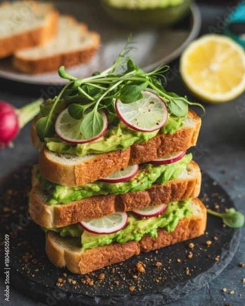 Fototapeta Stack of three avocado toasts with fresh radish and microgreens on a dark slate board