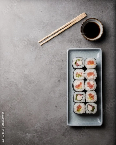 Fototapeta Sushi rolls served on a plate with chopsticks and soy sauce top down view