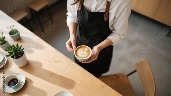 Obraz Barista Holding Latte Art Coffee Cup, Overhead View, Cafe Setting, Natural Light.