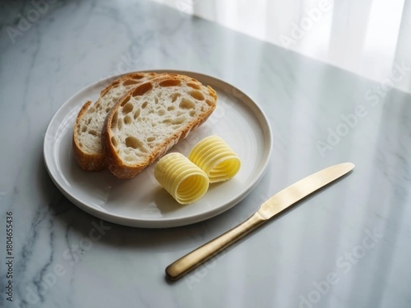 Obraz Two slices of freshly baked bread with butter curls and a golden knife on a marble table