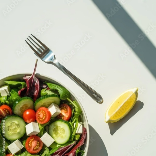Obraz Vibrant healthy salad bowl with fresh vegetables, feta cheese and a lemon slice.