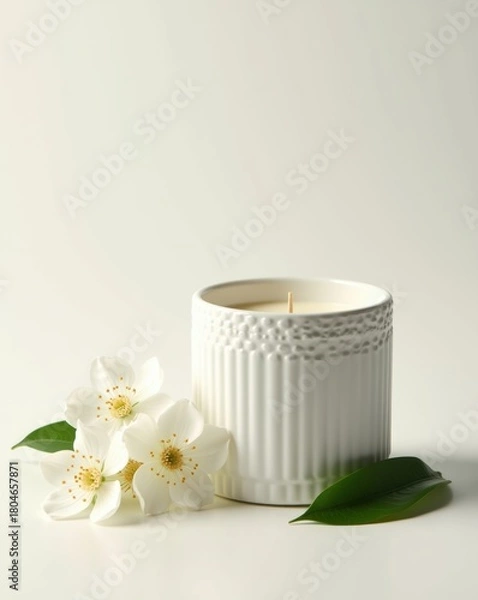 Obraz White scented candle in ceramic holder with three white flowers and green leaves.