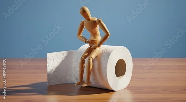 Fototapeta Wooden mannequin clutching stomach in discomfort while seated on toilet paper roll, symbolizing digestive issues or urgent need