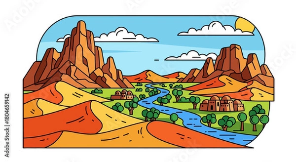Fototapeta Vibrant illustration of a desert oasis featuring a winding river, lush trees, and majestic mountains under a clear sky