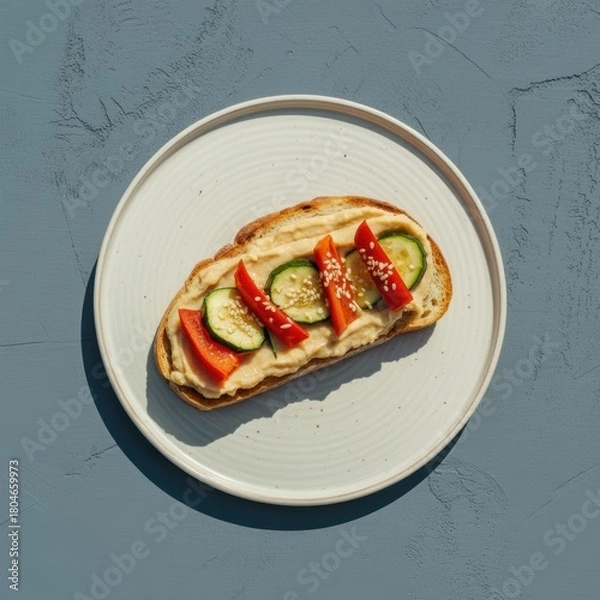 Fototapeta Wholesome hummus toast topped with fresh cucumber, red bell pepper, and sesame seeds on a plate