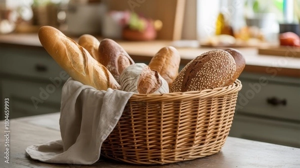 Obraz Wicker basket filled with a variety of freshly baked bread loaves on a kitchen table