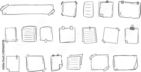 Fototapeta Large hand-drawn sticky notes and paper frame vector collection featuring memo sheets, taped notes, planner elements, and stationery graphics for organization design