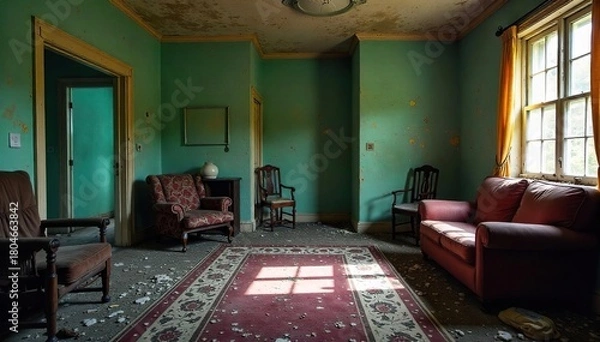 Fototapeta Neglect and Disrepair A Dimly Lit Interior Space Revealing Poor Living Conditions, Featuring Peeling Paint, Stained Carpet, and Broken Furniture.