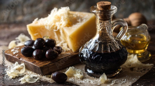 Fototapeta Balsamic vinegar, cheese, and dark olives creating a rustic culinary scene. Generative AI image