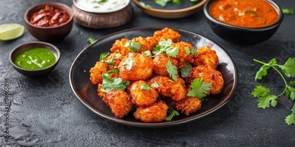 Fototapeta Crispy golden fried cauliflower bites seasoned with spices and garnished with fresh cilantro
