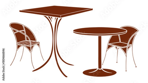 Obraz Brown furniture set with square table and chairs alongside a round table and chair on a white background