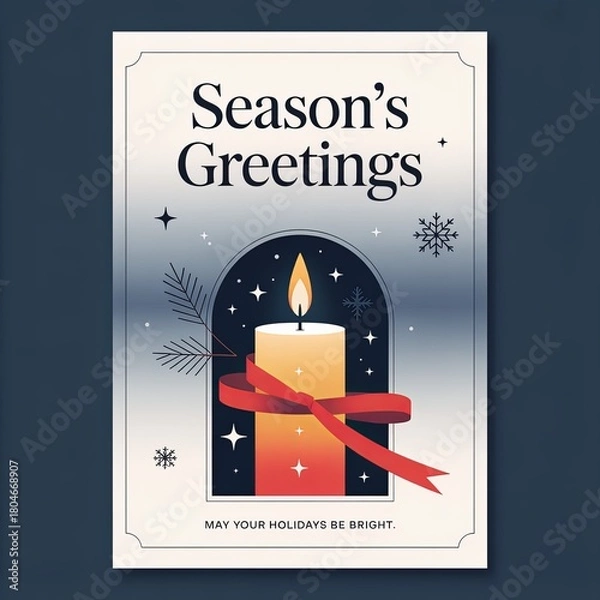 Fototapeta Elegant Season's Greetings Card with Lit Candle, Red Ribbon, Sno