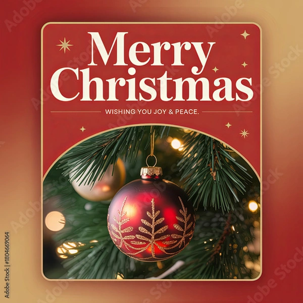 Fototapeta Elegant Merry Christmas Greeting Card with Festive Red Ornament