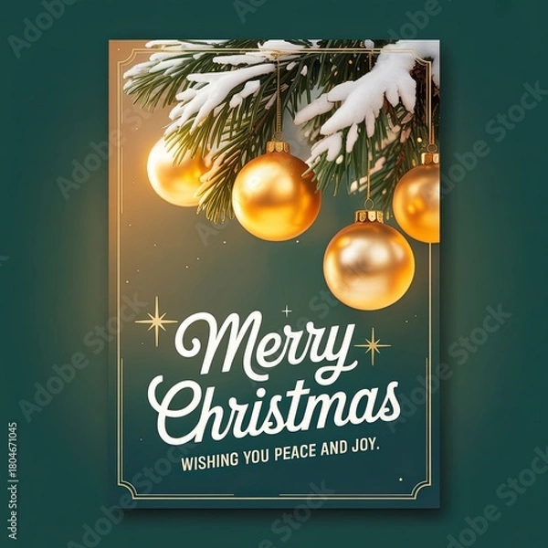 Fototapeta Merry Christmas Card Design with Golden Ornaments, Snow-Covered