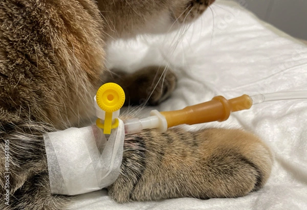 Fototapeta Close-up of a cat’s paw with an IV cannula during veterinary treatment. Medical care, pet hospitalization and animal health procedure shown in detail for educational or clinical use.