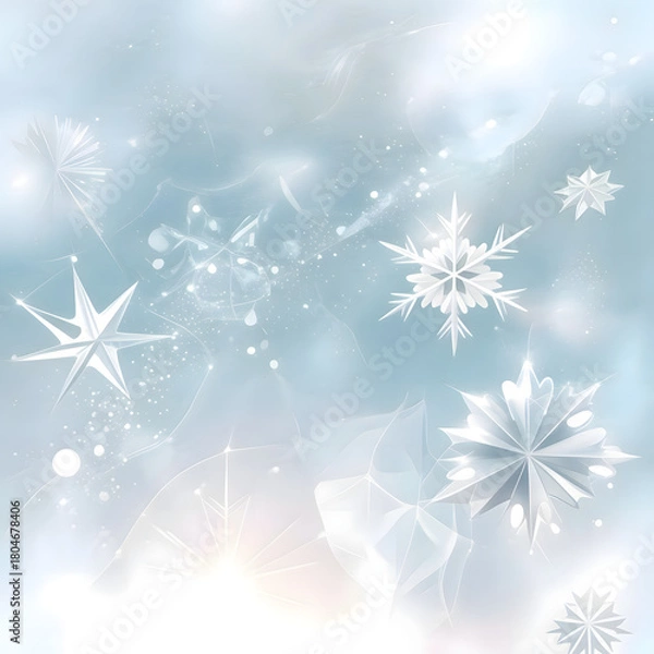 Fototapeta Delicate, ethereal snowflakes drift gently against a hazy, pastel blue and white winter sky, creating a serene and magical atmosphere.
